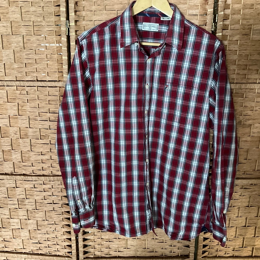 Fila Club Biella Plaid Shirt Mens XL Long Sleeve‎ Button Up Down Red White Italy
